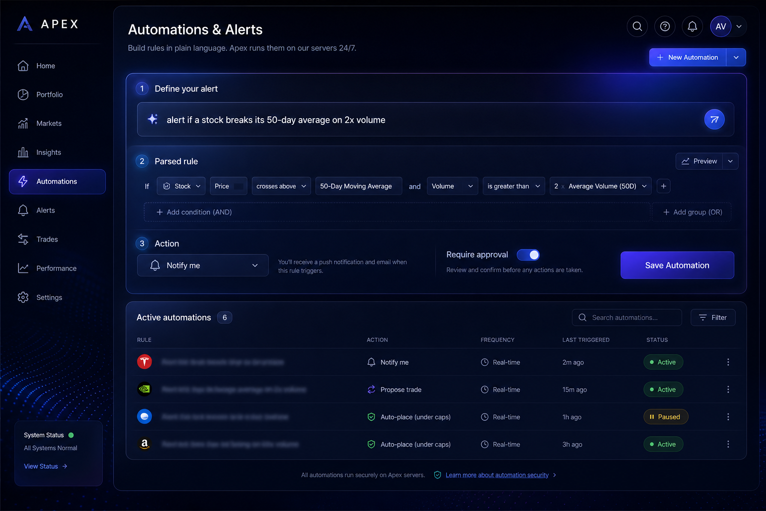 AFOS.one automations and alerts configuration screen