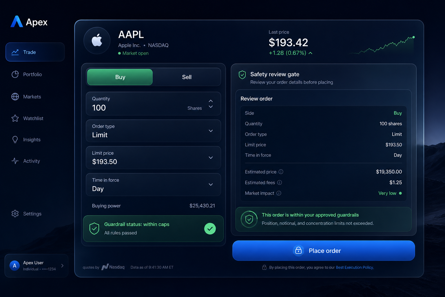 AFOS.one trade ticket with a review-and-approve step